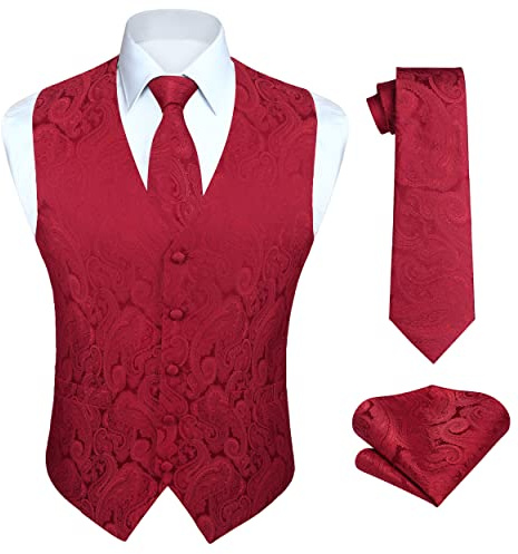 HISDERN Hochzeitsweste Herren Burgund Paisley Rosa Weste Floral Jacquard Krawatte Einstecktuch Einstecktuch Hochzeit Party Fit Weste Anzug Set L