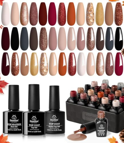 Beetles 23 Stück UV Gel Nagellack Set, 20 Farben Nacktes Rosa, Braun, Burgunderrot, Gellack für Nägel Set mit Überlack Unterlack, Vers Von Rosen Goldenes Glitzer Ferien Nagelgel