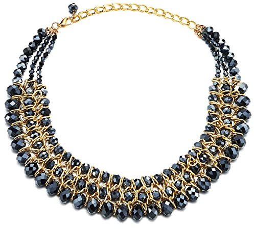 COOLSTEELANDBEYOND Choker Anhänger Dunkelblau Facettiert Kristall Perlen Perlenschnur Gold Geflochtene Kette Halsketten DREI Stränge
