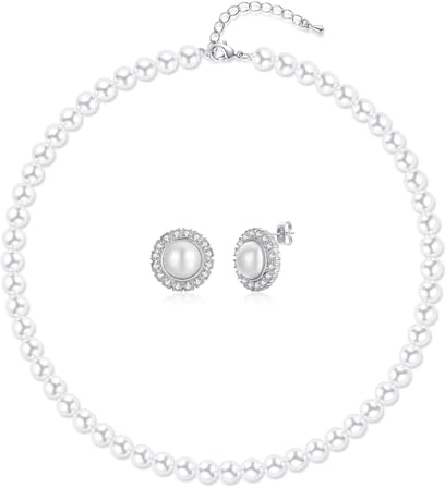 Aleasha Perlen Schmuck Set Damen Weiße Perlenkette Ohrringe Set Silber Ohrringe Zirkonia Kurze Kette 8mm Hochzeit Bräute Schmuck 45CM