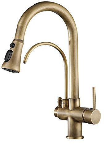 Rubinetto 3 Vie Cucina con Doccetta Estraibile Girevole Ottone Acqua Potabile Rubinetto Lavello Miscelatore Cucina Osmosi-Antico