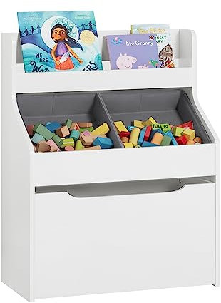 SoBuy KMB71-W Bücherregal für Kinder Kinderregal mit 2 Stoffboxen Aufbewahrungsregal mit 1 herausnehmbaren Spielzeugtruhe mit Rollen Spielzeugregal Kinderzimmer Möbel weiß BHT ca.: 63x80x32cm
