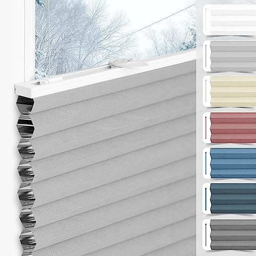 bobodeco Wabenplissee Plissee ohne Bohren Verdunkelung Klemmfix Thermo Verdunklungsplissee, Hellgrau-Weiß 70x100 cm(BxH), 100% Verdunkelnd & Sicht- & Schallschutz, Wärmeisolierung für Fenster & Tür
