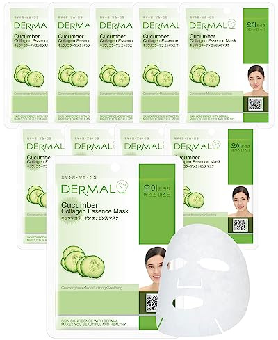 Koreanische Tuchmaske Gurken Kollagen Essenz, 10 Stück – DERMAL Gesichtsmaske kühlend & erfrischend, feuchtigkeitsspendend für gereizte Haut nach Sport, Outdoor & Sommertagen, hypoallergen, K-Beauty