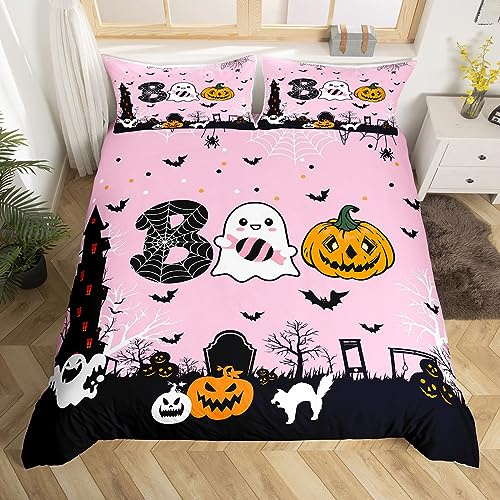 Manfei Juego de funda de edredón de Halloween, tamaño doble, funda de edredón con 2 fundas de almohada, diseño de murciélagos de araña, juego de ropa de cama de 3 piezas para niños, niñas, decoración