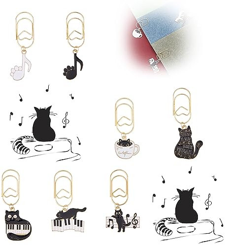 SUPERFINDINGS 7 Stil Lesezeichen Mit Musik Katzen Thema Und Büroklammer Niedliches Legierungs Emaille Lesezeichen Mit Katzenanhänger Schwarz Weißer Cartoon Büroklammer Zum Organisieren von Dokumenten