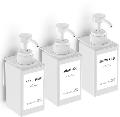 Anhow 3 st tvåldispenser för vägg, tvåldispenser 450 ml plast schampo dispenser duschgel dispenser handtvål och 12 st vattentäta flasketiketter - vit