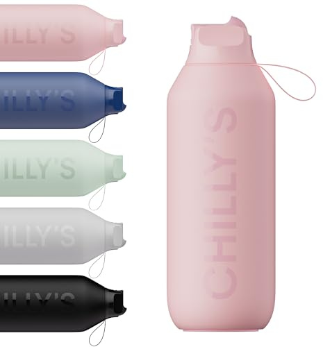 Chilly's Series 2 Flip Water Bottle with Sports Lid - Vacuum Insulated Stainless Steel Water Bottle with Straw, Carry Loop, & Cleaning Brush - No Sweat - 1000ml - Blush Pink