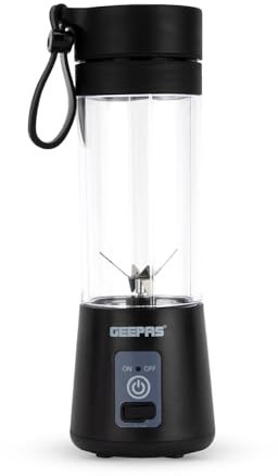 Geepas Portable Smoothie Maker - 330ML Personal Blender with Rechargeable USB Cable and 6 Blades, Fruit Mixer Juicer Mini Portable Blender Cup for Travel Kitchen Gym Office, Black