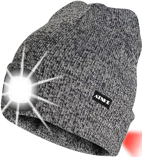 ATNKE 8LED beleuchtete Strickmütze, wiederaufladbare USB-Scheinwerferkappe mit extrem Heller, wasserdichter Lampe und Blinkender Alarm Rotes Rücklicht Multi-Color
