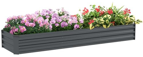 Outsunny Galvanised Raised Bed for Garden, Rectangular Outdoor Elevated Planter Box with Safety Edging and Open Bottom for Growing Flowers, Herbs and Vegetables, 240 x 60 cm, Grey