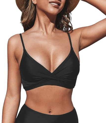 CUPSHE Women's Bikini Top Bathing Suit V Neck Adjustable Spaghetti Straps Twist Front, M Black