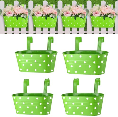 Zinaroty 4 fioriere da appendere con ringhiera in metallo con foro di drenaggio, secchio da appendere per piante, con doppi ganci rimovibili, fioriera ovale per giardino, balcone, decorazione (verde)