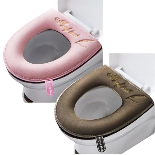 2 Stück Badezimmer Weiche Toilettensitzbezug Pad mit Griff Toilettendeckel Abdeckung Kissen Weich Dicker Waschbar Passend Für Alle Ovalen WC-Sitze (Rosa + Braun, Reißverschluss)