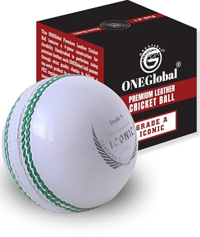 ONEGlobal Iconic Genuine Leather Cricket Ball | Leather Ball with Handstitched Seam | Match Quality Hard Balls for Club & League Matches (5.5oz Seniors, 1-White)