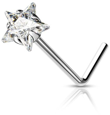Agrewd Minimalist Heart Star Clear Nose Stud Sterling Silver G23 Titanium Nose Ring Thin Nose Screw L Shape Nose Nostril Piercing Jewellery with Prong Set
