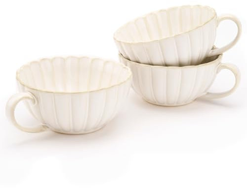 Ceramic Coffee Cups, 250 ml Small Coffee Cup with Handle, Espresso Cups Set of 3 for Hot Cold Drinks, Coffee Tea Mugs Embossed Chrysanthemum, Special Gifts for Friends, Dishwasher & Microwave Safe