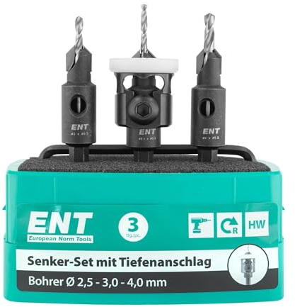 ENT 52400 Senker-Set mit Tiefenanschlag HW Bohrer (D2) 2,5-3,0-4,0 mm, Versenker (D1) 9,5 mm, GL 60 mm, S 1/4 6-kant