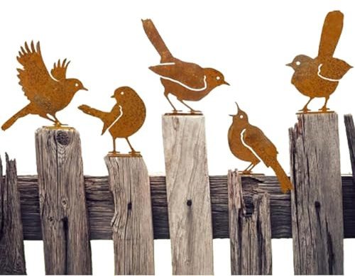 Rustic Metal Bird Fence Topper and Garden Stake - 5 Piece Silhouette Art Set With Screws for Fields and Gardens