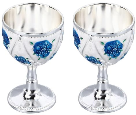 Jwthee 2pcs taza vintage, tazas de vino vintage de metal, cobre metal mini tazas de comunión europea taza de vino vintage de metal (plata blanca azul flor)