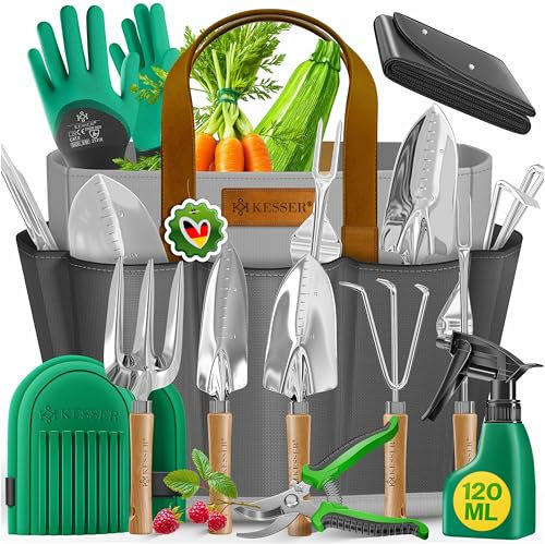 KESSER® Gartenwerkzeug Set 10-teilig mit ergonomischen Holzgriffen inkl. wasserdichte Tasche aus 600D Oxford-Material, Knieschoner, Pflanzmatte, Sprühflasche, Gartenschere, Handschuhe für Gartenarbeit