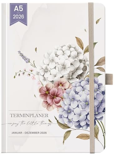 Terminplanner 2026 - Terminkalender 2026 von Januar 2026 bis Dezember 2026, Wochenplaner A5 mit Innentasche, Elastischer Verschluss, Kalender 2026 Buchkalender, 21.3 x 14.7cm, Blumen