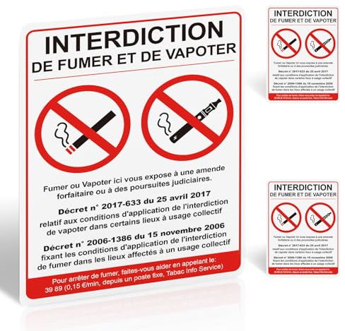 Panneau Interdiction De Fumer Et Vapoter, 3 Autocollants, 200 x 150 mm | Conforme À La Loi Française, Vinyle Mat Étanche Anti-UV, Pour Bureaux, Entrées, Salles De Pause, Espaces Communs Et ERP