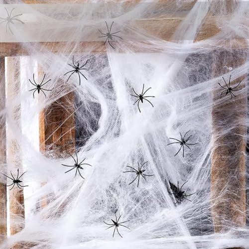 DLPRK 200g Ragnatela Halloween con 30 Ragni, Decorazioni Halloween per Interni ed Esterni, Tavolo, Finestra, Porta, Giardino, Addobbi Horror per Casa e Feste