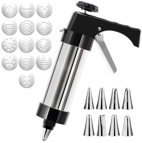 Cookie Press Biscuit Maker,Biscuit Press Cookie Press Gun Kit Stainless Steel DIY Cookie Maker with 13 Cookie Discs+8 Nozzles Deluxe Cookie Maker for Baking