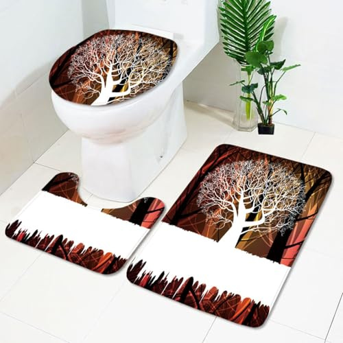 Badezimmermatte Braun Roter Baum rutschfeste Badmatte Waschbar Bath Mat Bad Vorleger Memory Schaum Badezimmerteppich U förmige WC Teppich Badteppich Set 45x75 cm
