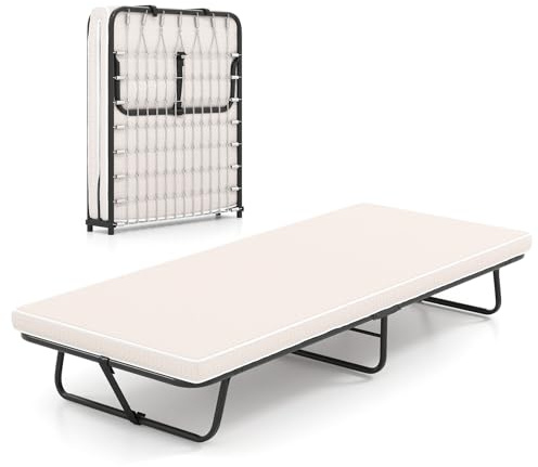COSTWAY Cama Plegable 80 x190 cm, Cama Supletoria Plegable con Colchón de Espuma Viscoelástica, Estructura Metálica, Ahorra Espacio, Cama Individual Portátil para Camping Hogar