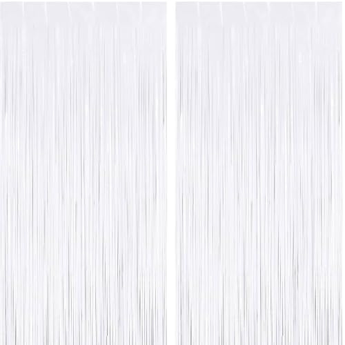 Jonami Lametta Vorhänge Weiß, 2X Folie Fransen Vorhang Schimmer, Metallic Tinsel Vorhänge Hintergrund Fringe Glitzervorhänge Fransenvorhang Metallfolie für Party Deko Geburtstagsdeko -2stk-
