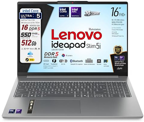 Lenovo Notebook Ultra5 135H, 16, RAM DDR5 16GB, SSD 512GB, Ready to Use | 14 Core, Display 16 WUXGA IPS FHD+, Wi-Fi 6, display port, tastiera retroilluminata, include alimentatore e Libre Office