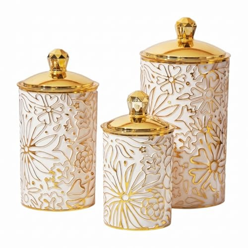 Bonalake Tea Coffee Sugar Canister Set, 3PCS Kitchen Canisters, Nesting Airtight Storage Jars for Tea, Coffee, Sugar & Snacks, Milky White with Gold Flowers and Container Set