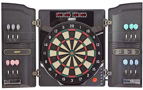 Best Sporting Dartscheibe elektronisch Oxford 2.0 I elektronische Dartscheibe mit LED-Anzeigen I E-Dartscheibe mit 12 Dartpfeilen & Ersatzspitzen I Dartboard Kabinett mit Walnuss-Optik