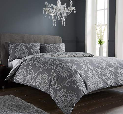 Olivia Rocco Royal Damask Duvet Cover Set Easy Care Quilt Covers With Pillowcases Cotton Rich Reversible Bedding Bed Linen Sets (Super King, Grey)