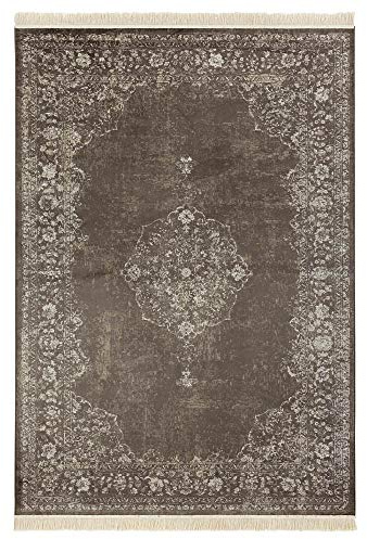 Nouristan Orientalischer Teppich – Wohnzimmerteppich mit Fransen Oriental Vintage Medaillon Naveh Samt-Teppich für Wohnzimmer, Schlafzimmer, Esszimmer, Küche, Flur – Anthrazit, 195x300cm