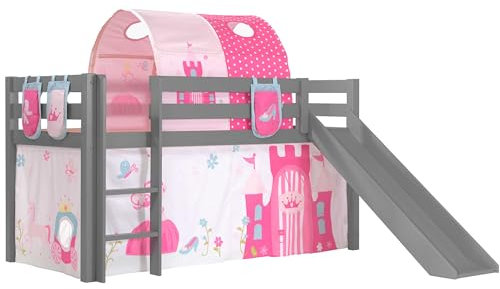 Vipack Spielbett Pino inkl. Rutsche mit Textilset Vorhang, Tunnel und 3 Taschen Princes Kiefer massiv grau lackiert