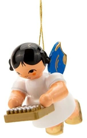 Kunstgewerbe Uhlig Christbaumschmuck Engel schwebend mit Kalimba - Blaue Flügel - 5,5 cm
