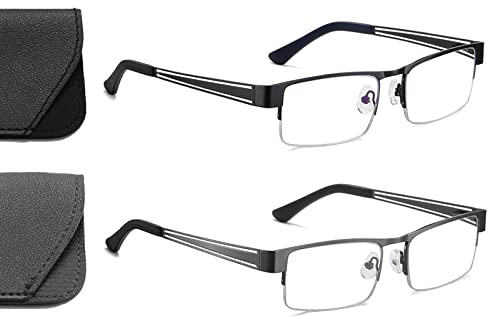 Hubeye 2er Pack Lesebrille Herren Rechteck Rahmen Metall Schwarz Grau Federscharniere Blaulichtfilter Computer Lesebrille mit Brillenholster 3.00