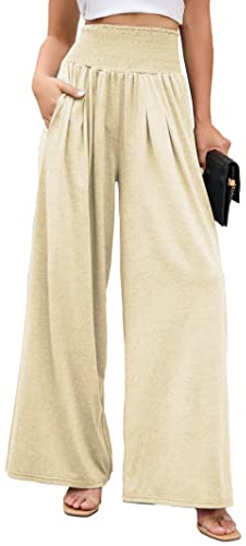 Famulily Women High Waist Wide Leg Trouser Plain Leisure Pleated Flowy Pants for Holiday Beach Beige XL