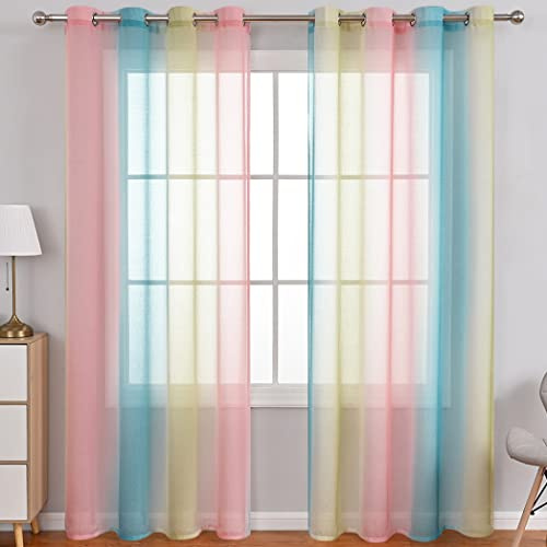 Vorhang Farbverlauf Rosa Blau Gelb Transparent Regenbogen Kindergardinen | Tüll Gardinen Durchsichtig Bunt Ösenschal Ösenvorhang Halbtransparent Wohnzimmer Schlafzimmer 2er Pack 140x220