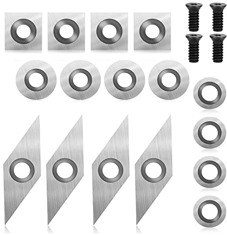 Hartmetall Wendeschneidplatten Set für Drehmeißel, 16 Stück CNC Hartmetall Einsatzschneider für Holz Drechselwerkzeug mit M4 Schrauben, Hartmetalleinsätze (Vierkant, Rund, Diamant)