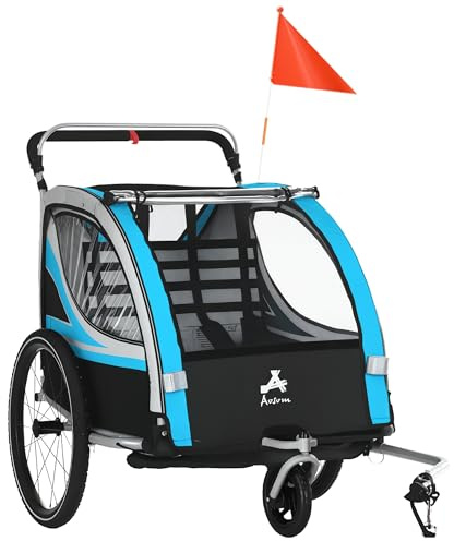 Aosom 3-in-1 Walk/Jog/Ride Child Baby Bike Trailer for Kids 2 Seater, High-Visibility Bike Stroller for Toddler Wagon, Weather-Strong Double Bicycle Trailer Accessory, Blue