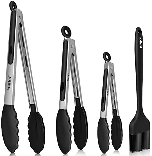Walfos Grillzange Küchenzange Hitzebeständige (480°F) Kochzange 4er-Set, Edelstahlgriff und Antihaft-Silikonspitzen, mit Silikonbürste 21cm, zum Kochen, Grillen, Buffet, Salat, (18cm,23cm,30.5cm)