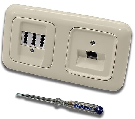 Busch Jäger, Rutenbeck Unterputz Netzwerkdose 10 Gigabit/S (10GbE) KAT6A 6A 1xRJ45 Anschluss + EBROM Telefon TAE 3x6 NFN Dose im BJ DUR2000 cremeweiß Design + EBROM Phasenprüfer z. Montage d. Geräte
