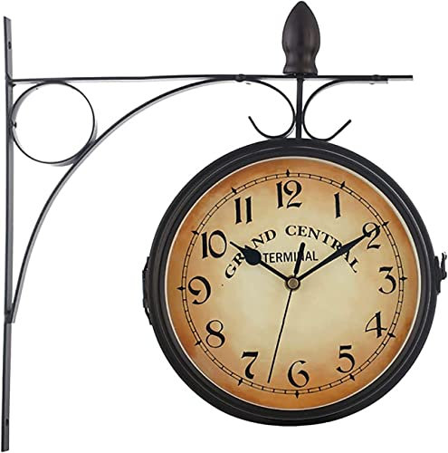 Antik Retro Bahnhofsuhr Doppelseitige Uhr im Freien, Metall zweiseitige Hängeuhr, Wandmontage Vintage Central Station Clock, for Hausgarten, Terrasse, Pool, Wohnzimmer, Retro rustikaler Landkunst deko