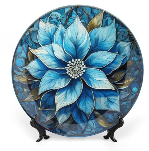Christmas Decorative Plates for Wall Hanging, December Flower Ceramic Plate, Blue Stained Glass Painting Wobble-Plate with Display Stand, Home Decor for Kitchen Cabinets, Farmhouse Round Tray 10 Inch