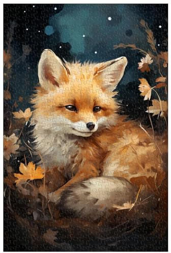 1000-teiliges Holzpuzzle für Erwachsene, Kleiner Fuchs, der unter dem Mond schläft, Fantasy-Cartoon-Tierpuzzle (D ; 1000)