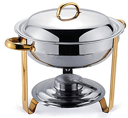 Chafing Dish Buffet Sets, Full Size Stainless Steel Round Buffet Chafer, 3.5L Food Warmer with Gold Accents with Food Water Pan, Lid, Frame and Fuel Holder,6